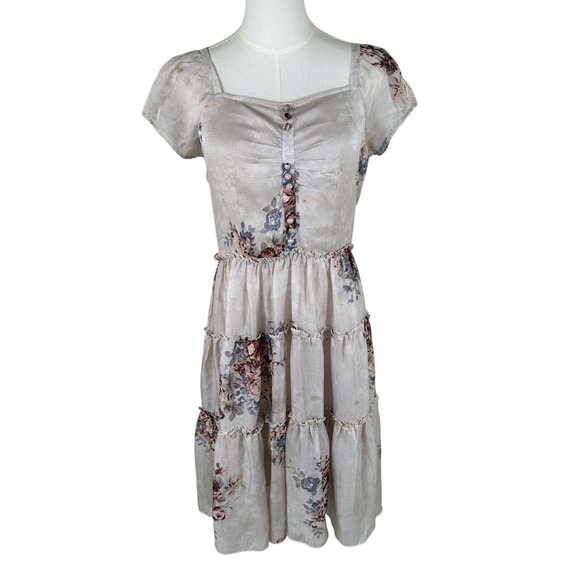 Dresses & Skirts - Floral Tiered Dress Women XL Fit Medium‎ Beige Cottagecore Romantic Prairie